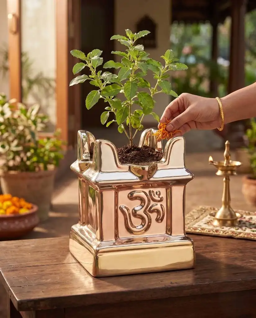 Auspicious Metallic Om Symbol Tulsi Pot
