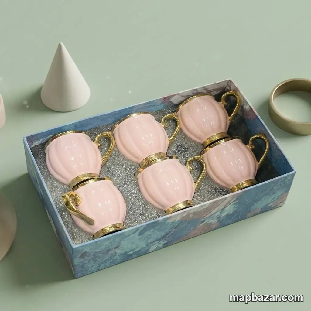 Pink & Gold Ceramic Tea Cups Set of 6